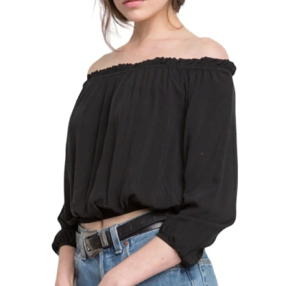 BRANDY MELVILLE Off The Shoulder Crop Peasant Top Black Elastic Waist Boho OS - Picture 1 of 10